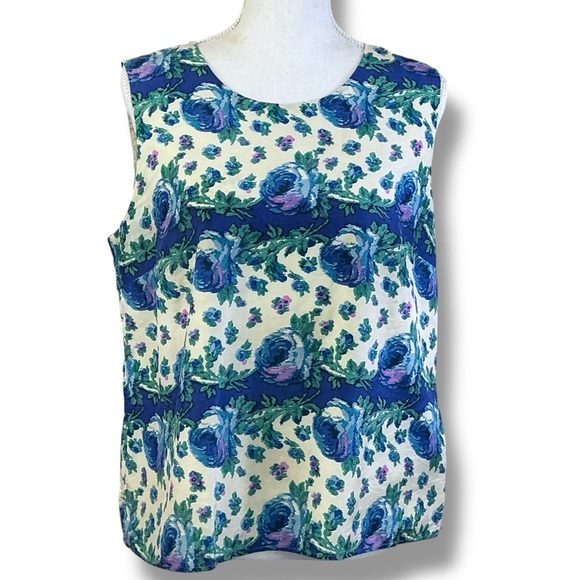 Talbots Boxy Silk and Cotton Tank Top Blue Green Purple Floral Womens Petite 14P - Picture 2 of 16